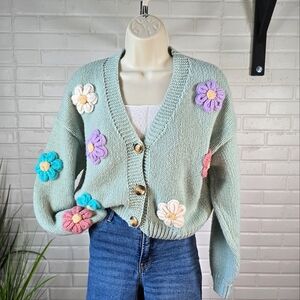 Luna Ivy 3D Floral Knit Cropped Cardigan Sweater Seafoam Green Size Small